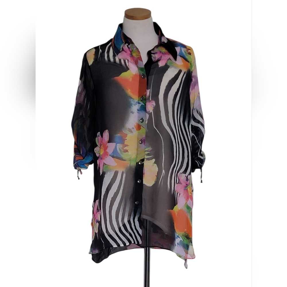 Mishca Floral Zebra Animal Print Collared Mixed Print Button Down Blouse